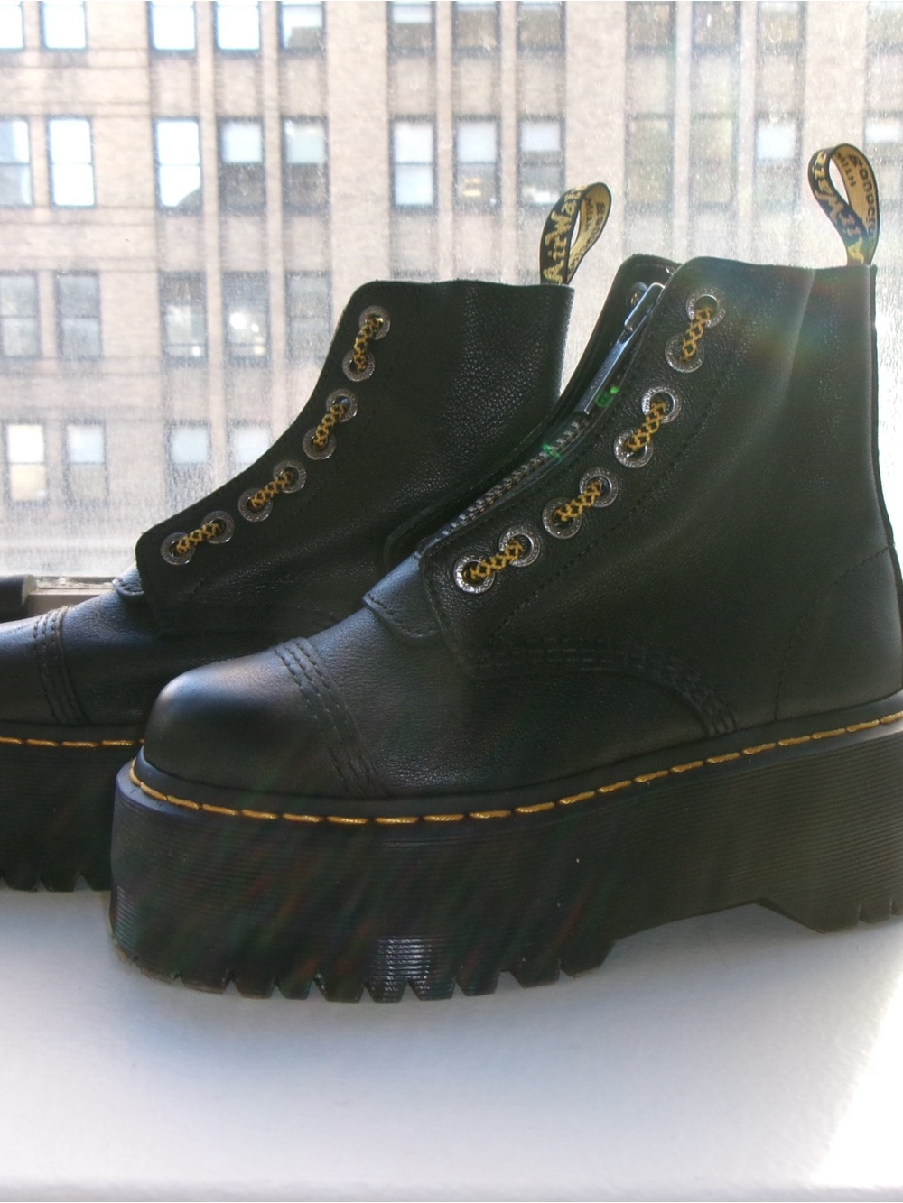 Dr. Martens Sinclair Black Leather Platform Ankle Boots with Yellow Stitching